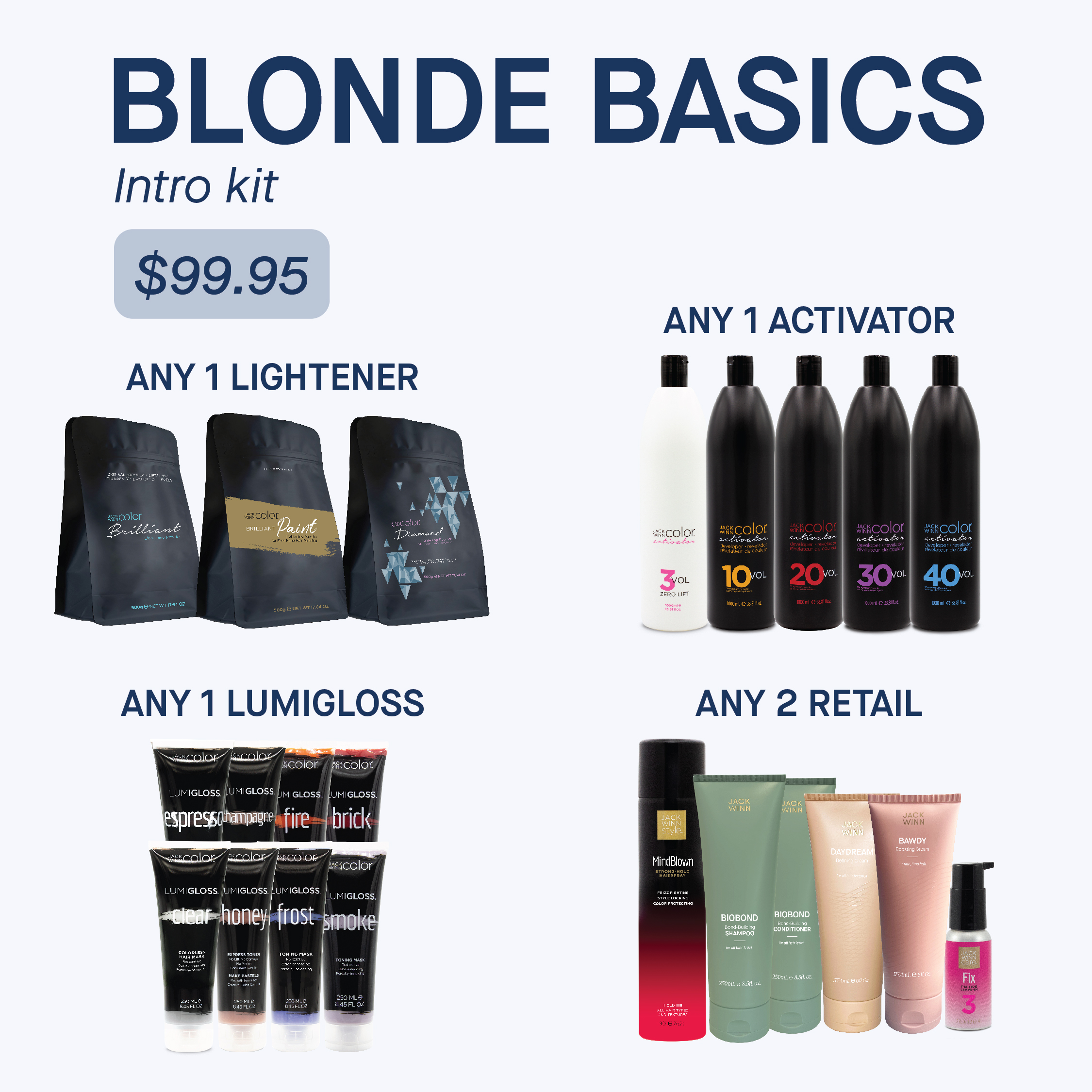 Blonde Basics Intro Kit - lightener, activator, LumiGloss, and retail